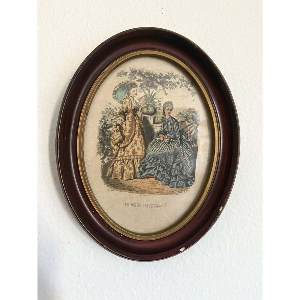 Vintage French La Mode Illustree Print Paris Fashion Victorian Oval Frame